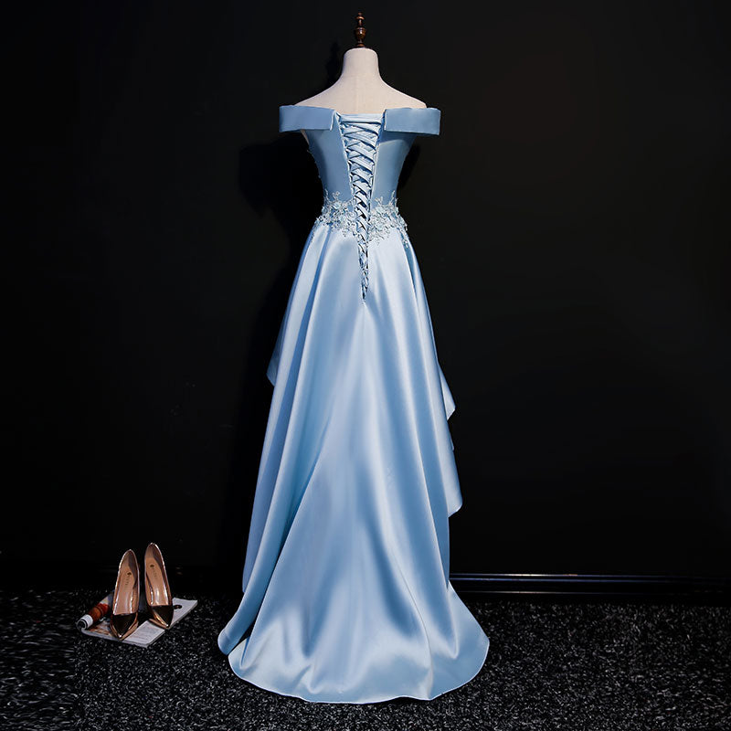 Light Blue Satin with Lace Applique High Low Homecoming Dress
