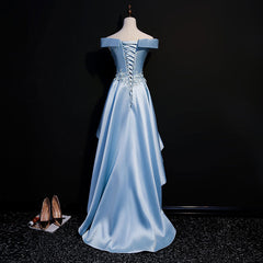 Light Blue Satin with Lace Applique High Low Homecoming Dress