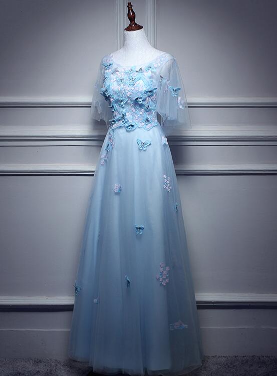 Vestido de fiesta largo con flores azul claro 
