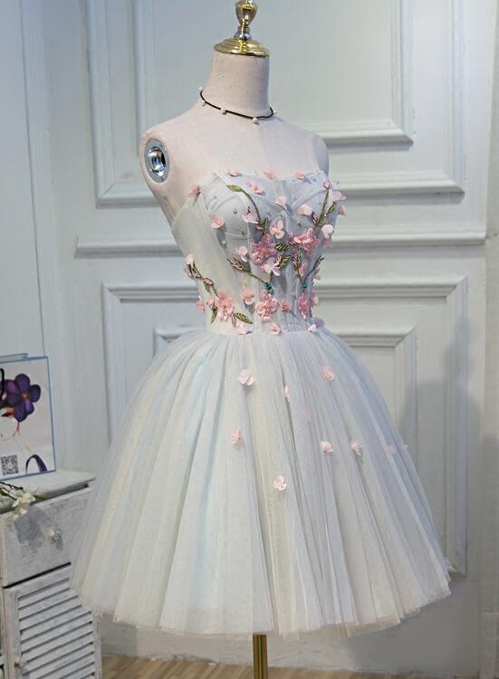 Light Blue Tulle Floral Short Sweetheart Homecoming Dress