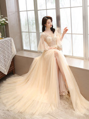 Light Champagne Tulle Slit Beaded Long Prom Dress
