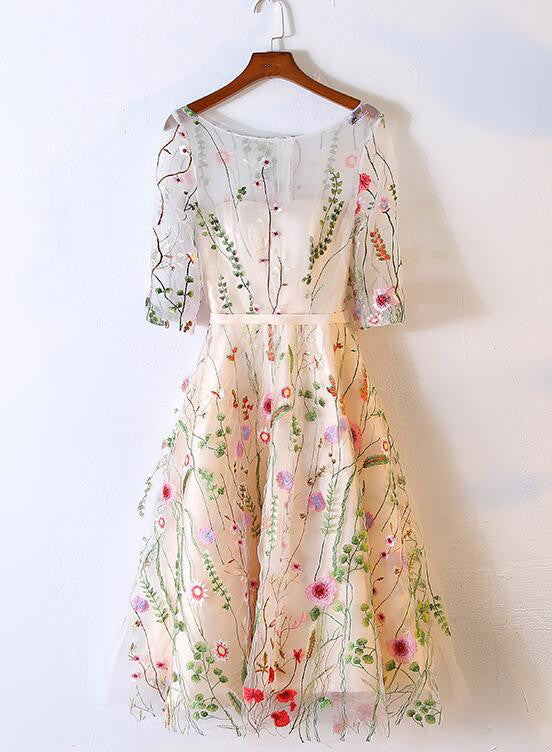 Light Champagne Knee Length Floral Party Dress