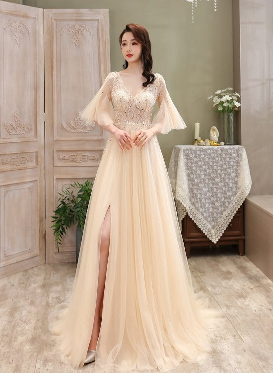 Light Champagne Tulle Slit Beaded Long Prom Dress
