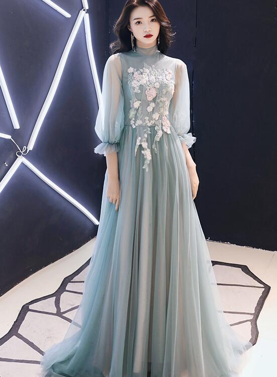 Lovely Light Green Long Sleeves Tulle Prom Dress