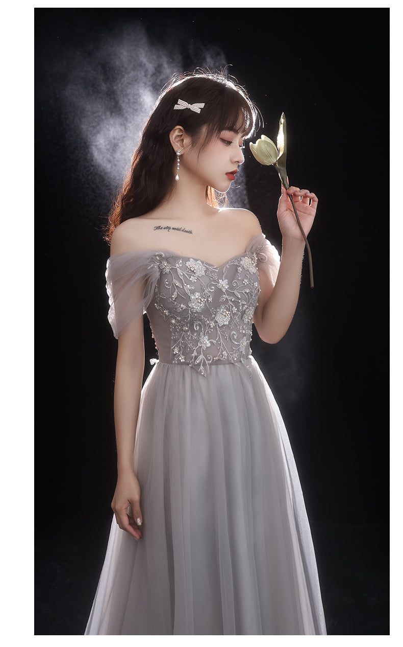 Light Grey Beaded Off Shoulder Tulle A-line Junior Prom Dress