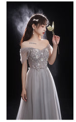 Light Grey Beaded Off Shoulder Tulle A-line Junior Prom Dress