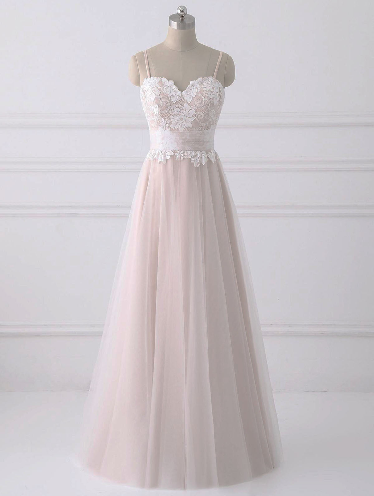 Vestido de fiesta de tul con escote en forma de A y tirantes finos de encaje rosa 
