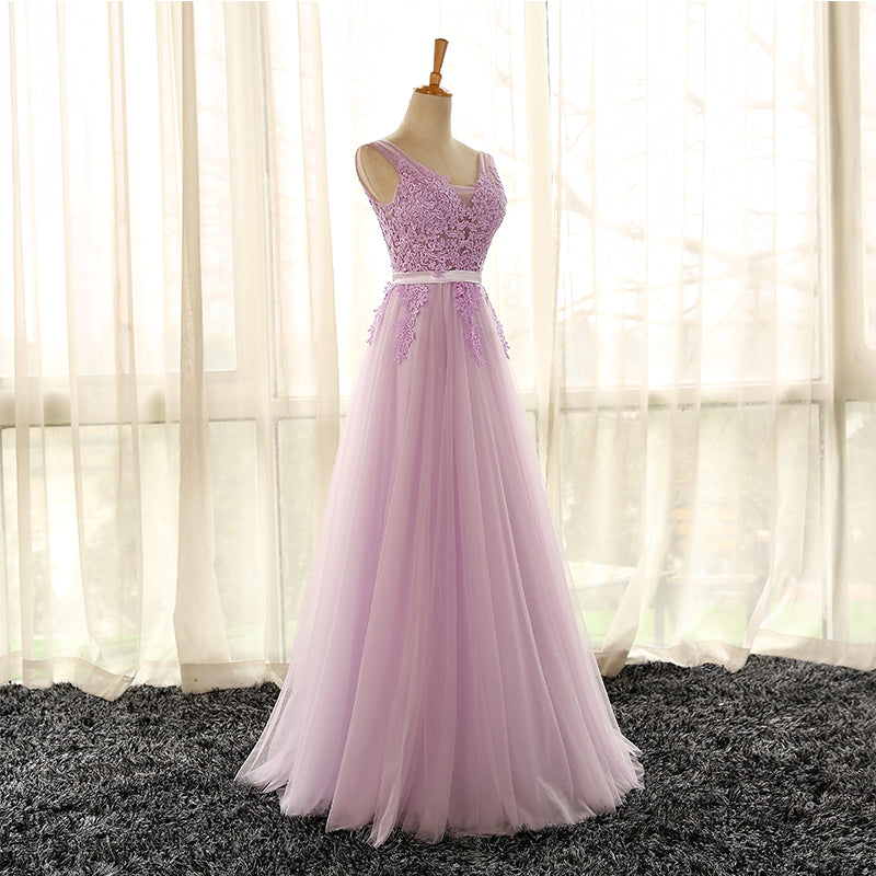 Vestido formal largo morado claro con escote en V 