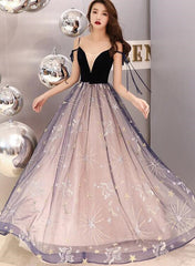 Hermoso vestido de fiesta de tul con tirantes y escote en V y terciopelo 