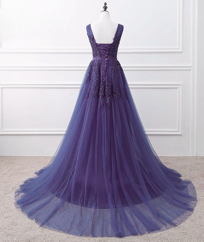 Purple Tulle Beaded Long Formal Party Dress
