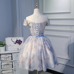 Light Pink Cute Short Tulle with Floral Lace Homecoming Dress