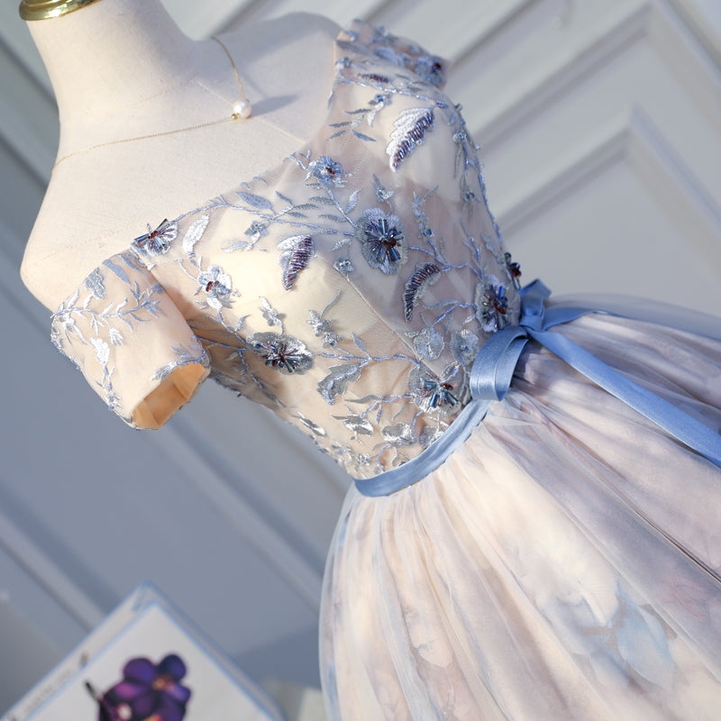 Light Pink Cute Short Tulle with Floral Lace Homecoming Dress