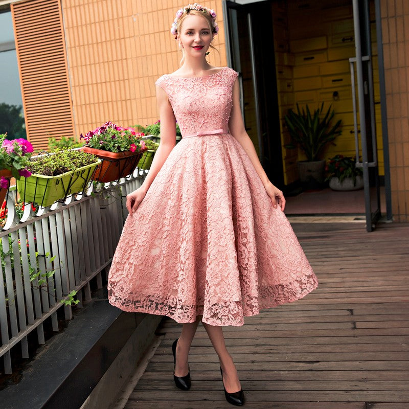 Lindo vestido de fiesta de encaje rosa largo hasta la rodilla 