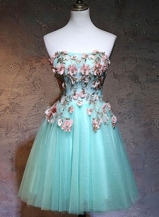 Adorable Flower Lace Applique Mint Green Homecoming Dress
