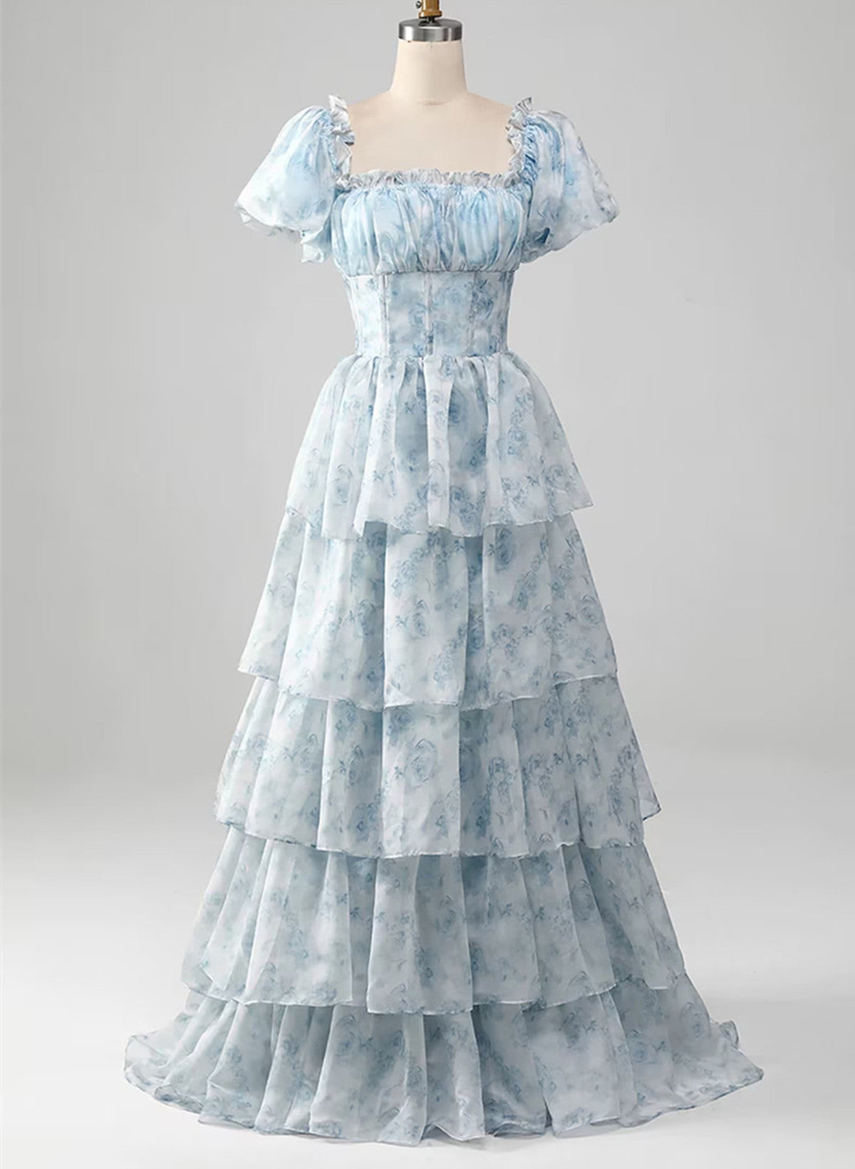 A-line Floral Blue Layers Scoop Short Sleeves Party Dress