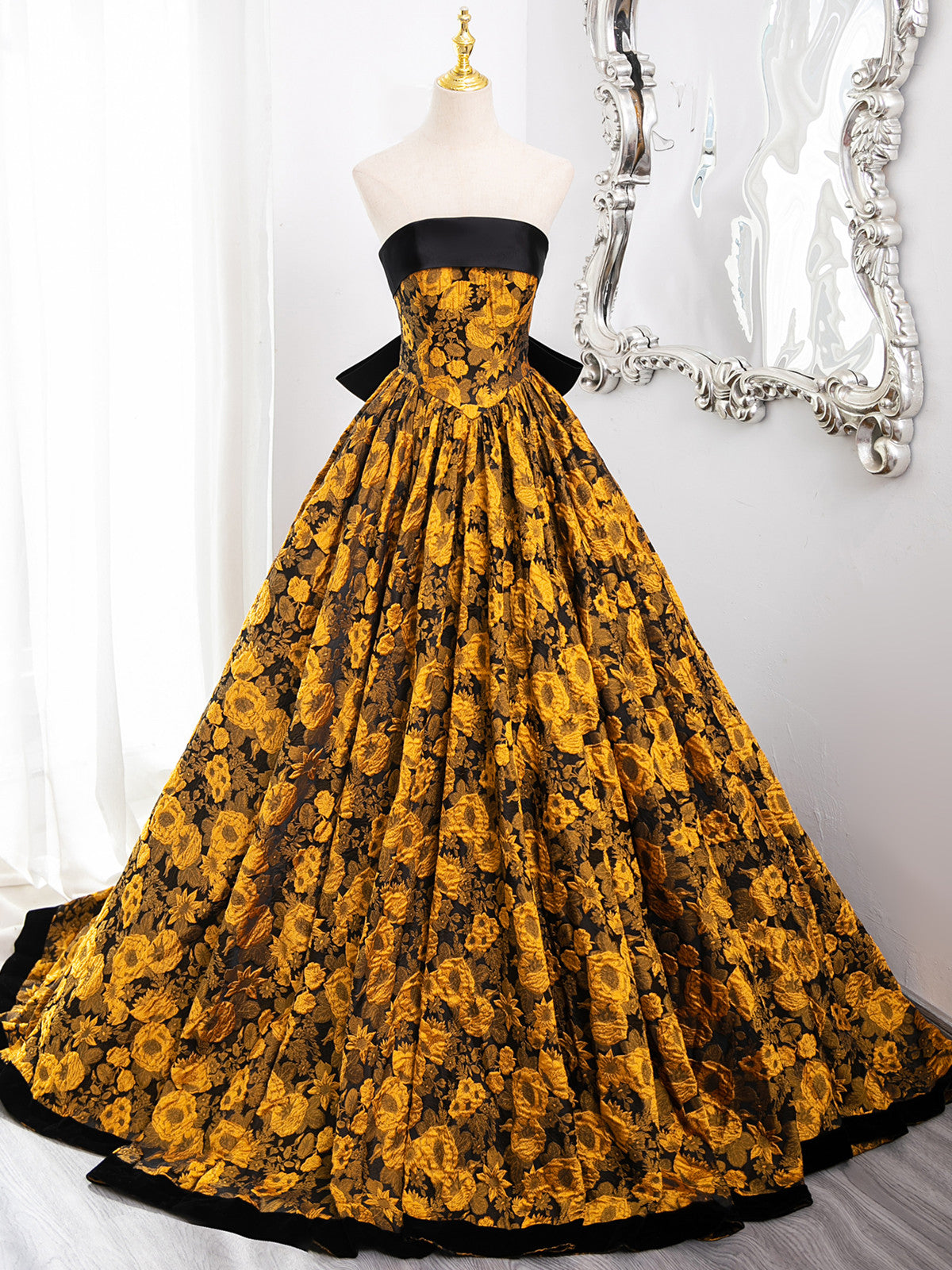 Gold Floral Satin Scoop Ball Gown Prom Dress with Bow