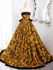 Gold Floral Satin Scoop Ball Gown Prom Dress with Bow