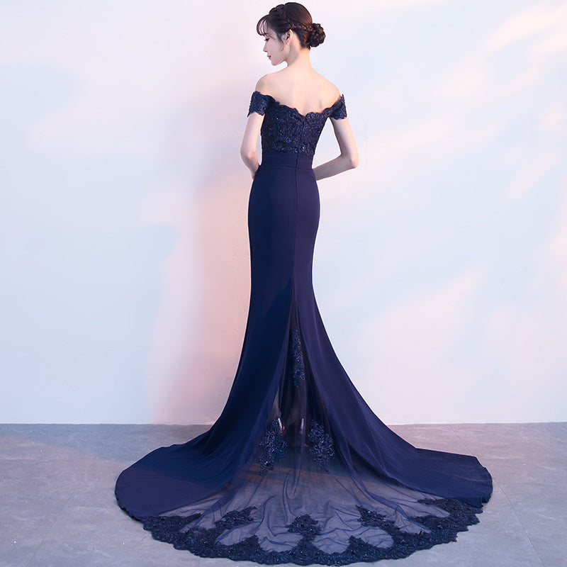 Beautiful Navy Blue Mermaid Lace Long Party Dress