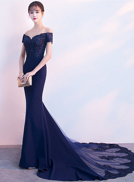 Beautiful Navy Blue Mermaid Lace Long Party Dress