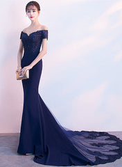 Beautiful Navy Blue Mermaid Lace Long Party Dress
