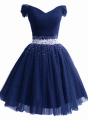 Lovely Off Shoulder Navy Blue Beaded Homecoming Dress