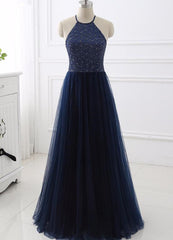 Elegant Navy Blue Halter Beaded Long Evening Dress