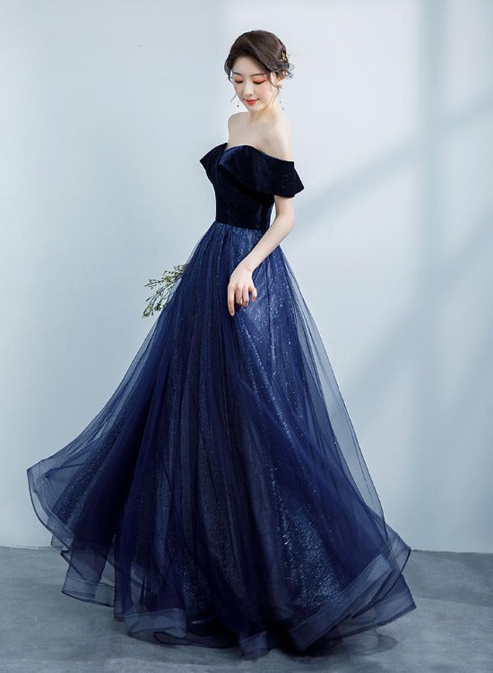 Navy Blue Off Shoulder Velvet Sweetheart Party Dress
