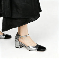 first-layer embossed cowhide color-matching bag head sandals thick heel square head one-word buckle Mary Jane shoes