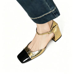 first-layer embossed cowhide color-matching bag head sandals thick heel square head one-word buckle Mary Jane shoes