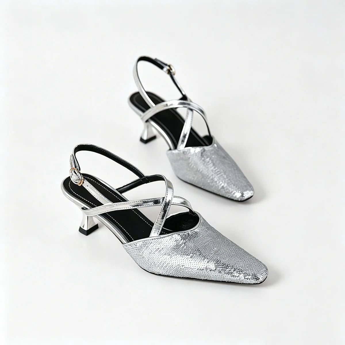 silver bag head sandals thin heel sequins cross strap banquet light mouth one-word buckle high heel sandals