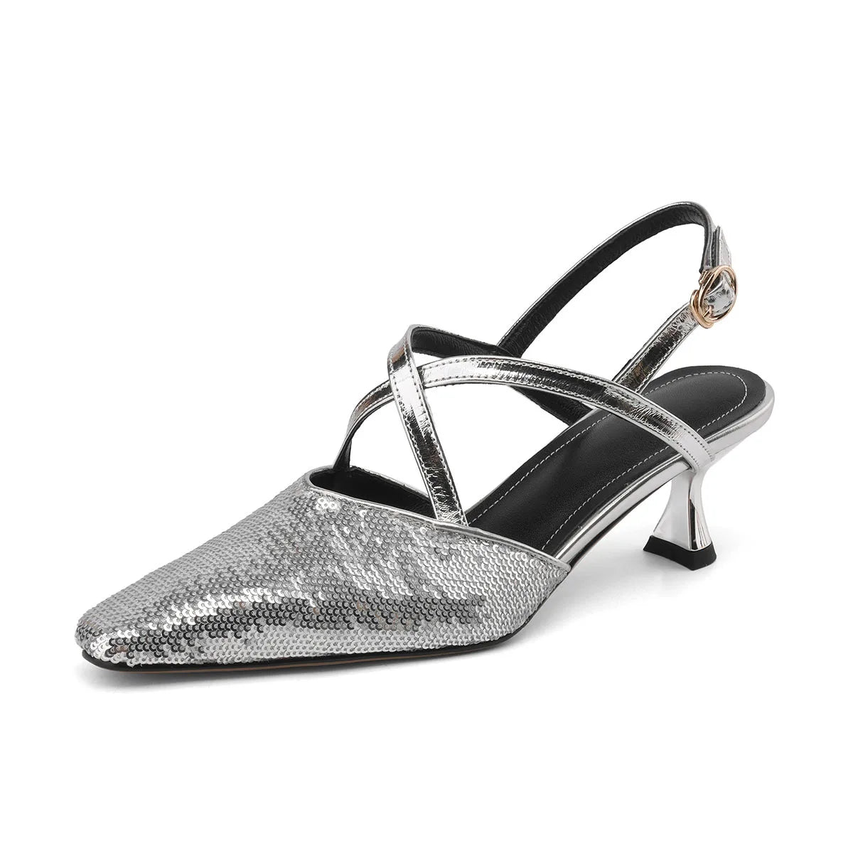 silver bag head sandals thin heel sequins cross strap banquet light mouth one-word buckle high heel sandals