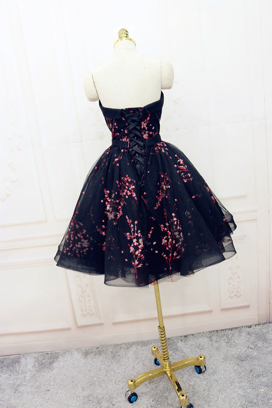 Simple Short Black Tulle Party Dress with Floral