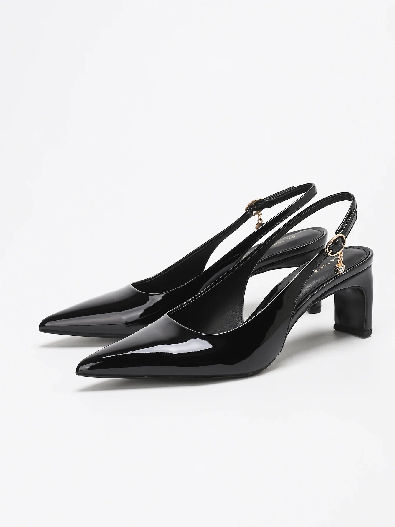 on feet&in love Black Patent LeatherSlingback Pumps Pointed Toe Block HeelSandals Elegant Office Party Daily WearShoes Wome