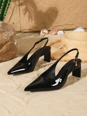 on feet&in love Black Patent LeatherSlingback Pumps Pointed Toe Block HeelSandals Elegant Office Party Daily WearShoes Wome
