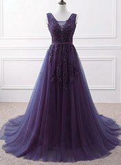 Purple Tulle Beaded Long Formal Party Dress