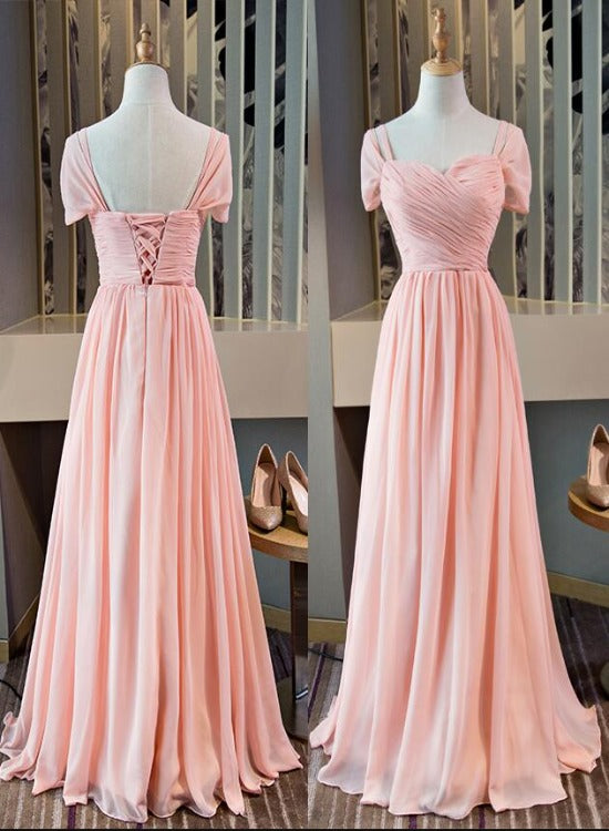 Vestido largo de dama de honor con mangas cortas de gasa rosa 