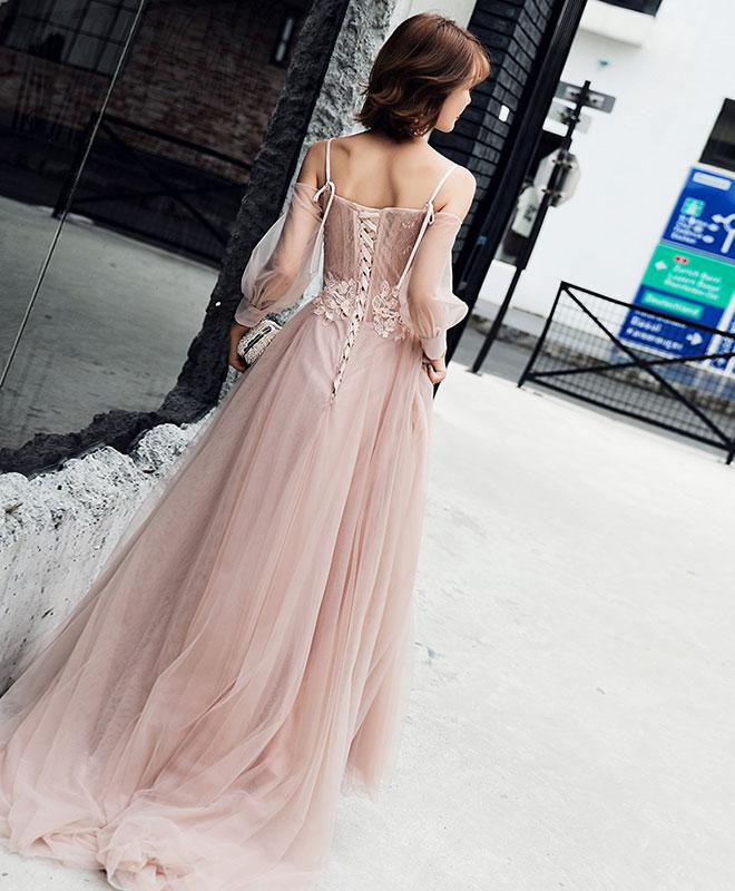 Vestido formal de tul con mangas largas en rosa claro 