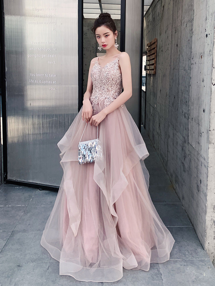 Pink Layers Tulle V-neckline Straps Prom Dress