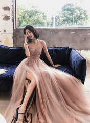 V-neckline Pink Beaded Tulle High Slit Straps Formal Dress