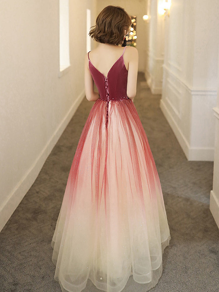 Lovely Pink Gradient Velvet Top Long Evening Dress