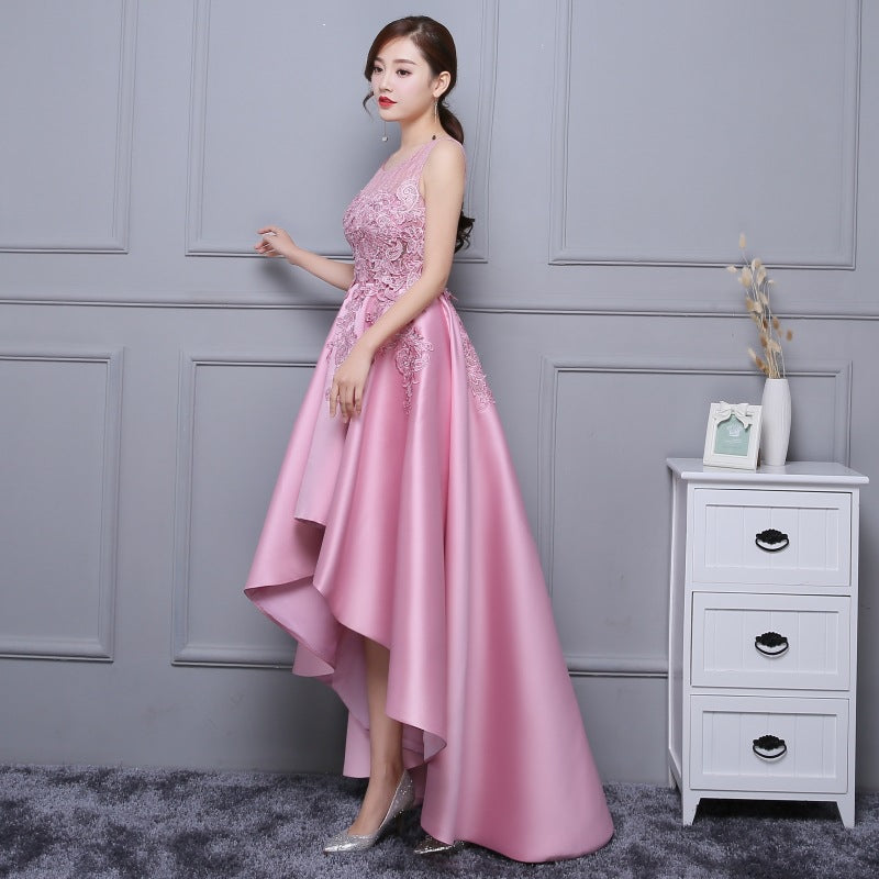 Beautiful Pink High Low Satin and Lace Homecoming Dress