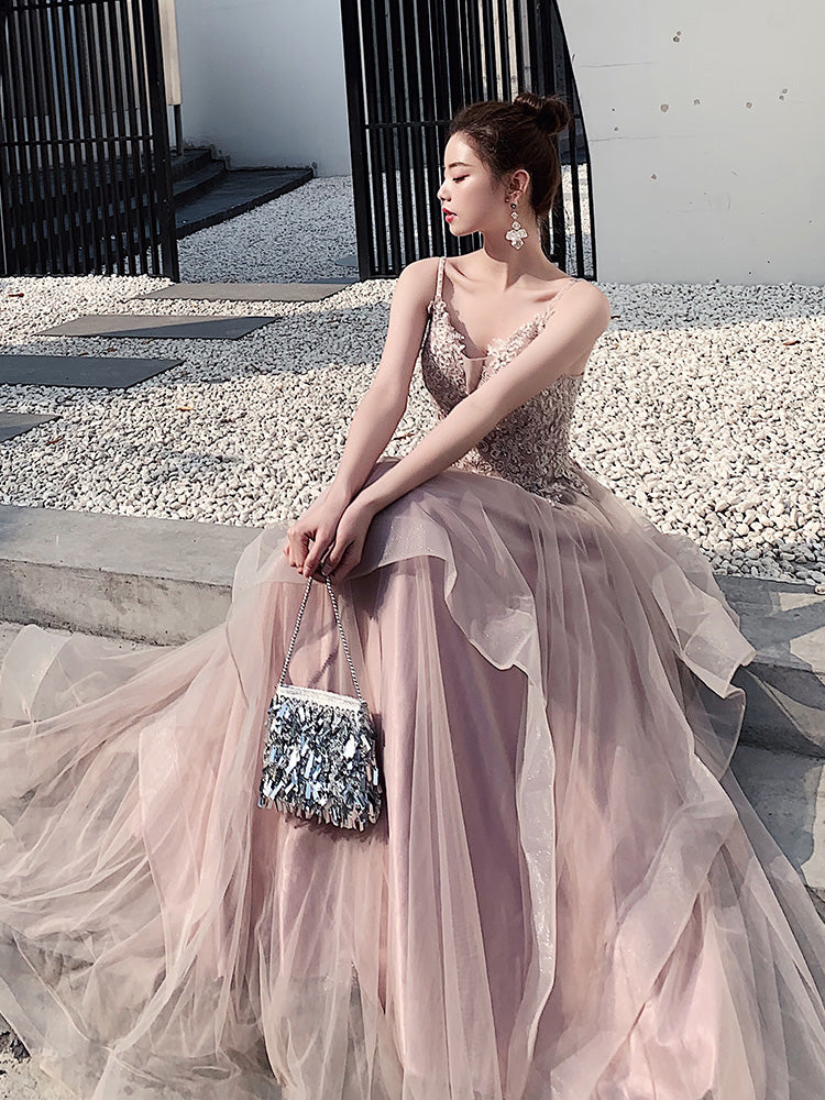 Pink Layers Tulle V-neckline Straps Prom Dress