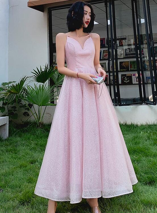 Pink V-neckline Sequins V-necckline Straps Party Dress