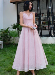 Pink V-neckline Sequins V-necckline Straps Party Dress
