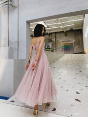 Pink V-neckline Sequins V-necckline Straps Party Dress