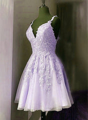 Vestido de fiesta de tul lavanda con tirantes cortos y vestido de regreso a casa 