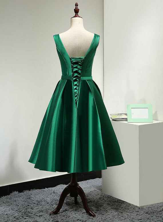 Green Satin Tea Length Bridesmaid Dress