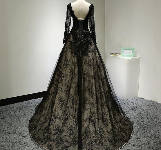 Hermoso vestido de fiesta de encaje negro de manga larga 