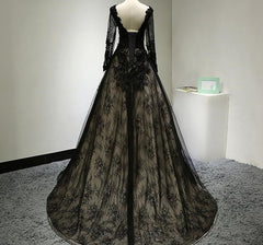 Hermoso vestido de fiesta de encaje negro de manga larga 