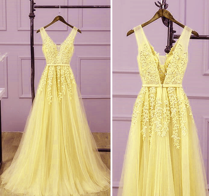 Beautiful Light Yellow Tulle Long Party Dress